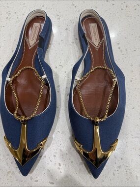 Zimmermann Navy Pointed Slingback Flats with Gold Anchor Chain